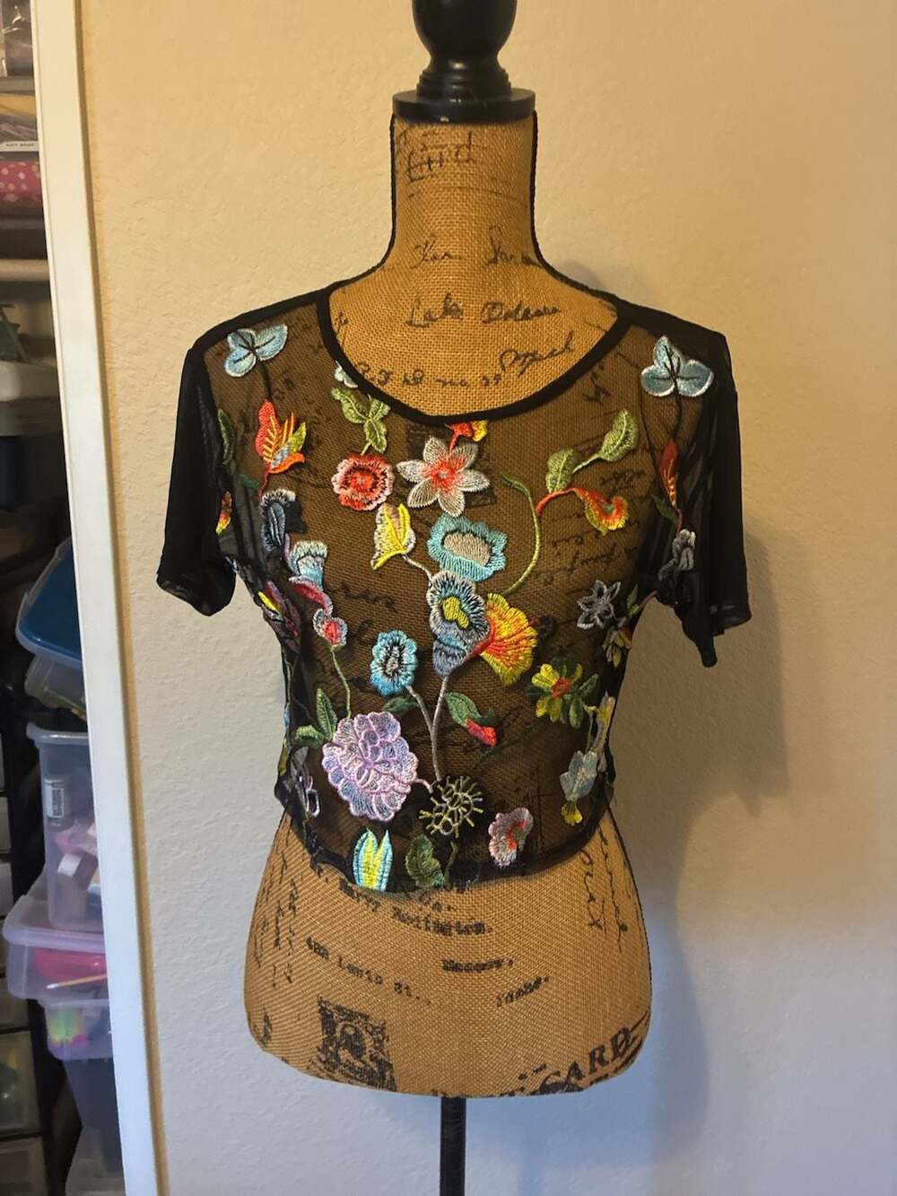 Toska Black Floral Embroidered Sheer Mesh Crop Top
